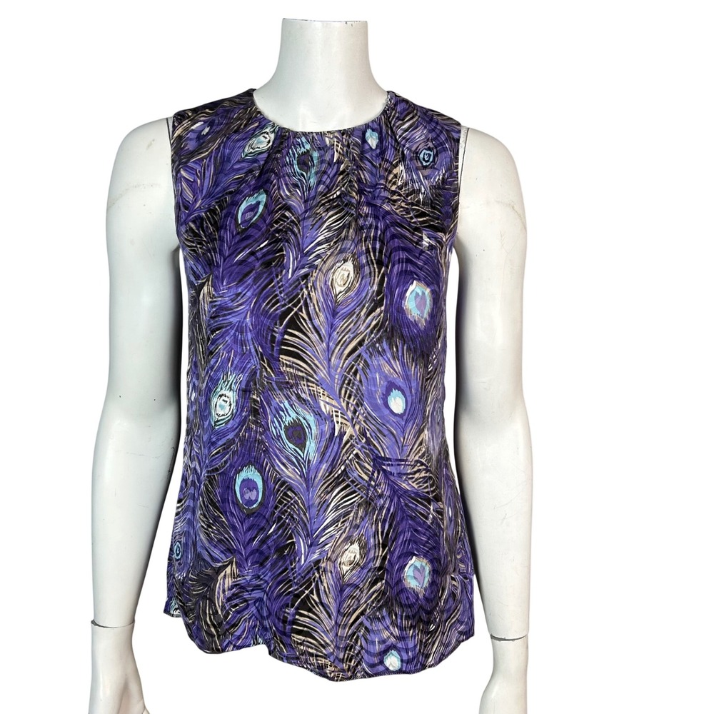 Tory Burch top Shell Size 2 Purple Peacock Feather Silk Colorful Office Nature